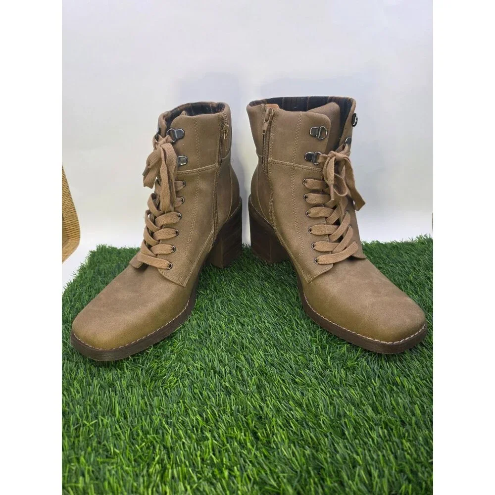 Crown Vintage Womens Tan Lace-Up Ankle Booties W Block Heel Size‎ 11M Synthetic